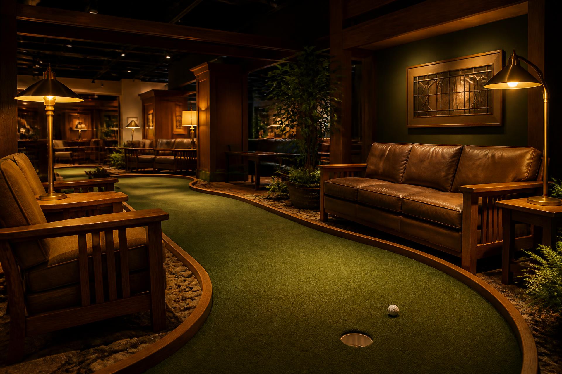 Mini-golf hole set up among sofas and lamps in a furniture showroom